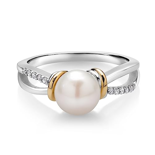 Gem Stone King 925 Sterling Silver and 10K Yellow Gold Cultured Freshwater Pearl and White Lab Grown Diamond Ring for Women (Round 7-7.5MM Pearl, Available in Size 5,6,7,8,9)3