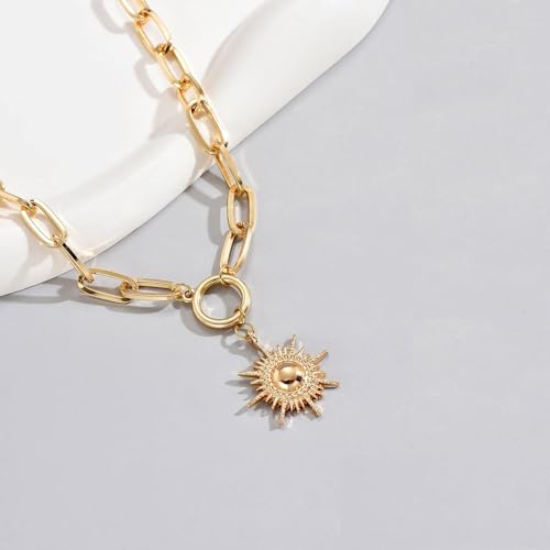 Gold Necklace for Women 18K Gold Plated Sun Paperclip Link Chain Necklaces Sunflower pendant necklaces Chunky Gold Sunshine Celestial Necklaces Minimalist Jewelry4