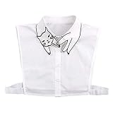 Women Girl Cute Cat Print Half Shirt Blouse Faux Collar Embroidery Cotton White Shirt Fake Collar