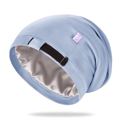 OLESILK Silk Bonnet for Curly and Frizzy Hair Sleep Cap for Sleeping Unisex Hair Wrap Medium Light Blue