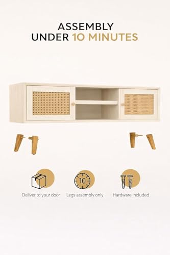 Image of Premium Solid Wood, 10 Minutes Assembly (Legs Only), Aesthetic Rattan Doors, Mid Century Entertainment Center for Living Room, TV Stand for 65 inch TV, Dark Chocolate (Love S (L144))