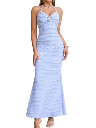 Image of HTZMO Women Wedding Guest Ruffle Bodycon Maxi Dress Halter V Neck Beach Vacation Summer Long Dresses 2026