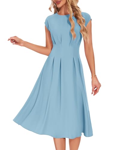 Wedtrend Audrey Hepburn Dress for Women 1940s Vintage Tea Length Dresses Women Fit and Flare Retro Dress Retro Cocktail A Line O Neck Cap Sleeve Dresses with Pockets RWTP30012 LightBlue XS