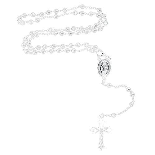 Solid 925 Sterling Silver 3mm-5mm Italian Virgin Mary Rosary Bead Cross Necklace | Made In Italy | 925 Sterling Silver Rosary Y Necklace Chain for Women And Men