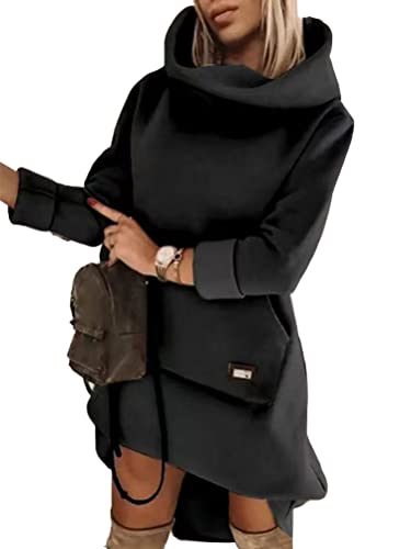 nicticsi Damen Hoodie Kleid Langarm Vintage Mode Streetwear Pullover Sweatshirt Casual Kapuzenpullover Tops Herbst Winter Minikleid mit Tasche A Schwarz XXL Cover