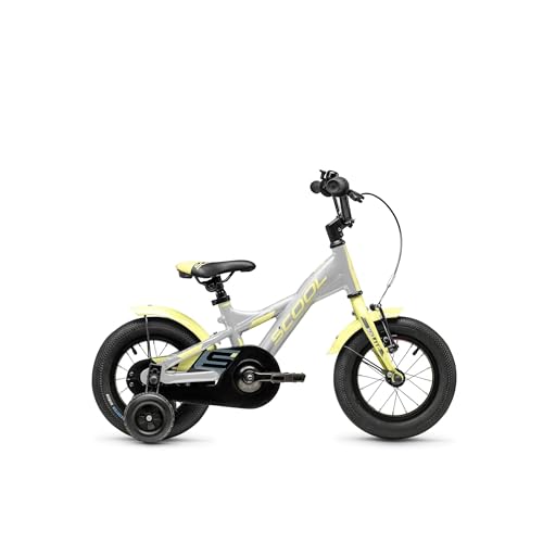 S'COOL XXlite 12 Zoll Kinderfahrrad 1 Gang, Alu Rahmen, tiefer Einstieg, Stützräder, Rücktrittbremse + V-Brake, geschl. Kettenschutz, für Mädchen & Jungen, 95–103 cm, 2–3 Jahre, Silver/Lime