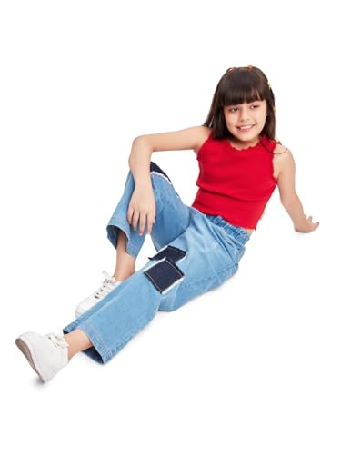Image of olele Girls Super Jeans Collection for 4-14 Yrs | Stretchable Cotton Denim Trousers | Blue Jeans for Kids | Baggy Denim Pants | Cargo Pants for Girls