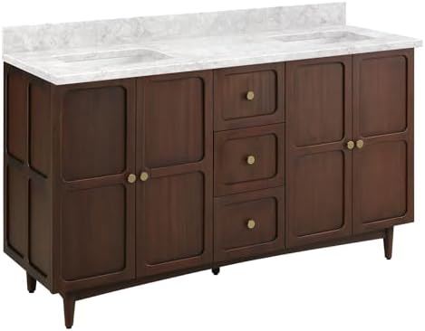 Signature Hardware 953980-60-RUMB-0 Delavan 60" Freestanding Mahogany Double Basin Vanity Set with Cabinet, Vanity Top, and Rectangular Undermount Sinks - No Faucet Holes - Cold Brew/Carrara Marble