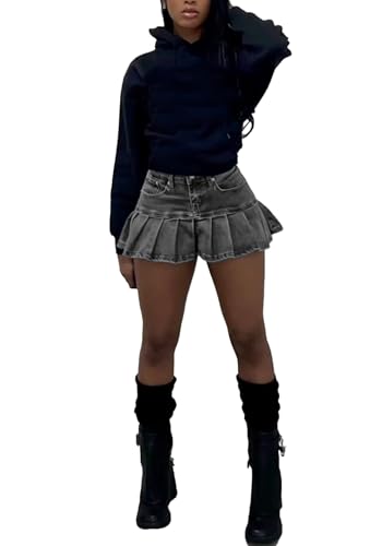 LETSVDO Denim Skirt Women Mini Pleated High Waisted Ruffle A Line Flare Jean Short Skirts4