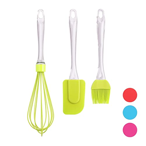 Relaxdays Backpinsel Set, 3-teiliges Backset mit Kochpinsel, Teigschaber & Schneebesen, Backzubehör aus Silikon, grün