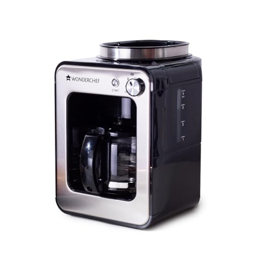 Image of Wonderchef Regalia Bean-to-Cup Brew Coffee Maker with Grinder | Grind Coffee Beans | Get Fresh Aromatic Powder | Brew 4 cups | Glass Carafe | Easy Control Dial | 2 Years Warranty | Steel