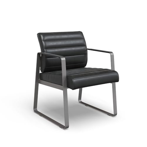 NBF Rivet Guest Chair with Armrest- Ergonomic Office Chairs with Dillion Black Polyurethane - Heavy Duty Charcoal Base Reception Chairs - Conference Room Chairs (27" D x 24.25" W x 32.5" H, Black)