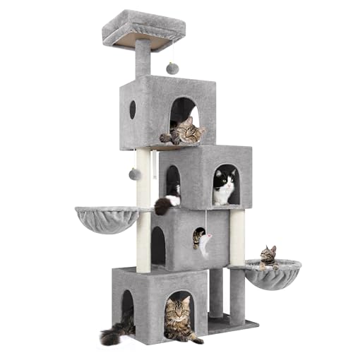 Globlazer Cat Tree Tower Cat Condo for Mutilple Indoor Cats, 70in Tall Cat Tree Furniture Activity Center with 4 Cat Condos, 3 Scratching Posts, 2 Hanging Baskets, Padded Top Perch, F70C, Light Gray