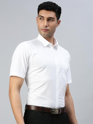 Image of RAMRAJ COTTON Mens Solid Regular Fit Half Sleeve Ethnic White Cotton Shirt