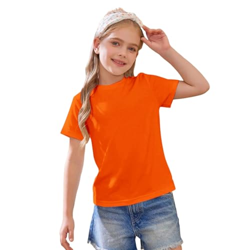 Camiseta de algodón de manga corta para niñas, cuello redondo liso, camiseta básica para niños, camiseta atlética, camiseta informal ligera y suave, naranja, 12-13 años