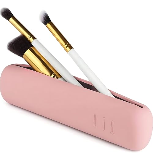 Image of Hian Silicone Makeup Brush Holder Travel Case with Magnetic Closure - Soft Waterproof Cosmetic Organizer, Anti-Fall Protective Storage Pouch for Makeup Brushes & Beauty Tools (Pink,Pack of 1)