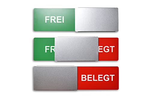 SynMe Frei/Besetzt-Schild Style: FREI/BELEGT 175x50mm - Design Made in Germany - Gravierte Buchstaben - Rahmenloses Schild mit Metallschieber - 2 Klebepads der renommierten Marke 3M