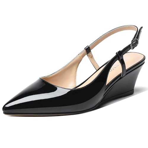 MODENCOCO Women's Dating Buckle Slingback Pointed Toe Patent Casual Wedge Low Heel Pumps Shoes 2 Inch - Main Image