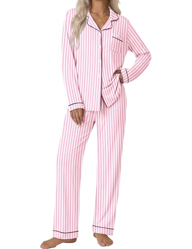 Image of Ekouaer Pajamas Women's Long Sleeve Sleepwear Soft Button Down Loungewear Pjs Lounge Set Nightwear XS-XXL
