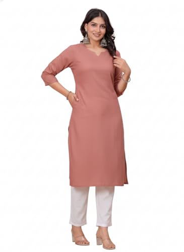 Image of Cotton Linen A-Line Long Kurti for Women Elegant V-Neck Regular Fit Solid Kurta Daily Formal Office Festival Wear