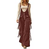 Cexiakong Peto para mujer, estilo vintage, de ante con borlas, pierna ancha, pantalones con flecos con botones y bolsillos, disfraz hippie occidental, vaquero, mono de piernas anchas, mono largo