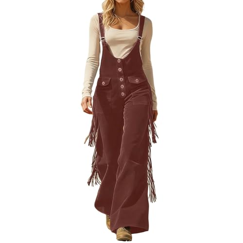 Image of Womens Suede Fringe Sexy Cowgirl Jumpsuits Country Concert Western Cargo Overalls High Waisted Romper Vintage Outfit