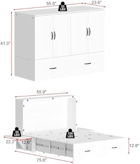FAMAPY Full Murphy Bed with Drawer, Folded Cabinet Bed with Wheels & Black Metal Handles, Modern Murphy Bed Cabinet for Bedroom Guest Room White 75.6”L x 55.9”W x 41.3”H