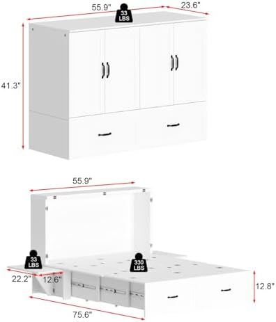 FAMAPY Full Murphy Bed with Drawer, Folded Cabinet Bed with Wheels & Black Metal Handles, Modern Murphy Bed Cabinet for Bedroom Guest Room White 75.6”L x 55.9”W x 41.3”H