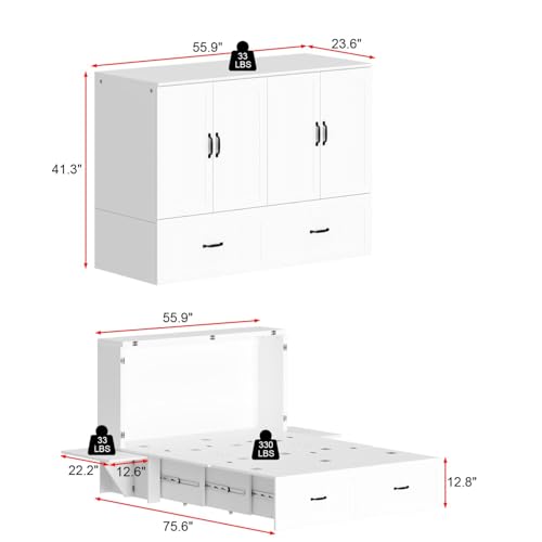FAMAPY Full Murphy Bed with Drawer, Folded Cabinet Bed with Wheels & Black Metal Handles, Modern Murphy Bed Cabinet for Bedroom Guest Room White 75.6”L x 55.9”W x 41.3”H