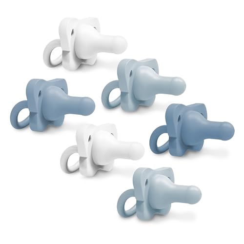 Image of Dr. Brown's HappyPaci 100% Silicone Baby Pacifier, Contoured One-Piece Design, White, Blue, Light Blue, 0-6m, BPA-Free, 6 Pack