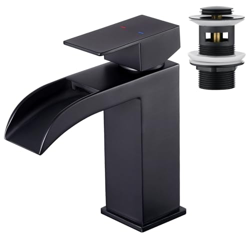 Faustina Robinet de Lavabo pour Salle de Bain cascade rectangulaire et Bonde Pop Up avec Trop Plein, Robinet Mitigeur Monocommande de Salle de Bain Carré en...