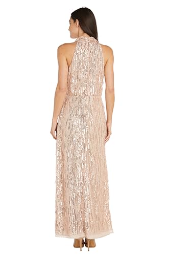 Image of R&M Richards Women's Sequined High-Neck Fringe Column Gown - Elegant Evening Dress for Formal Galas & Special Events