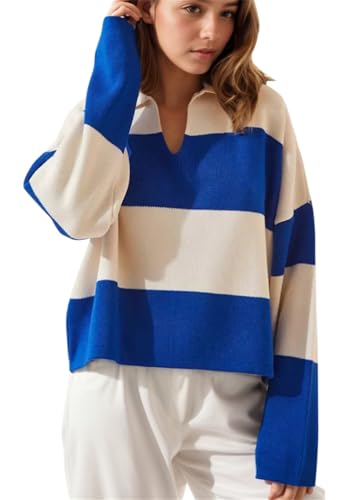 Image of LifeShe Striped Sweater Women V Neck Long Sleeve Pullover Fall Sweaters Loose Oversized Knit Top