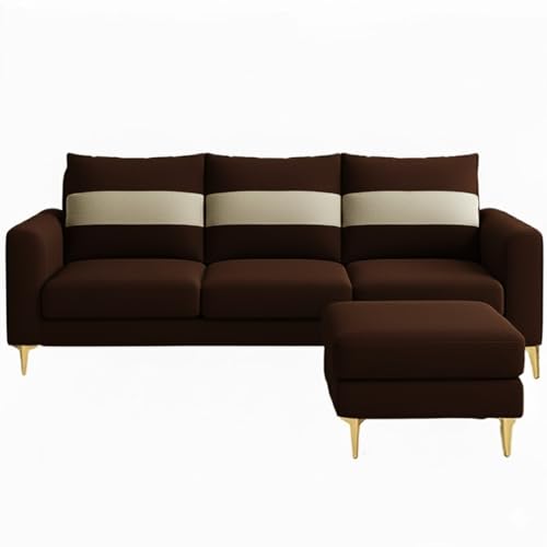Image of FURNY Nova 4 Seater L Shape Sofa Set with Movable Ottoman | Flexible Left or Right Layout | Plush Velvet Fabric (Brown-Cream) | Perfect for Living Room, Guest Room & Office
