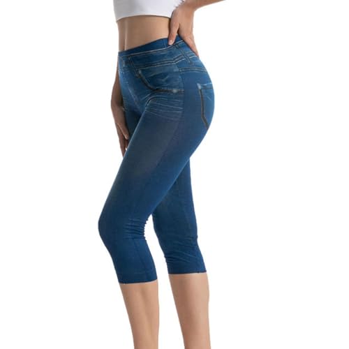 Legging 3/4 en jean pour femme, effet denim, haute élasticité, contrôle du ventre, pantalon de yoga avec poches, taille élastique, pantalon de fitness,...