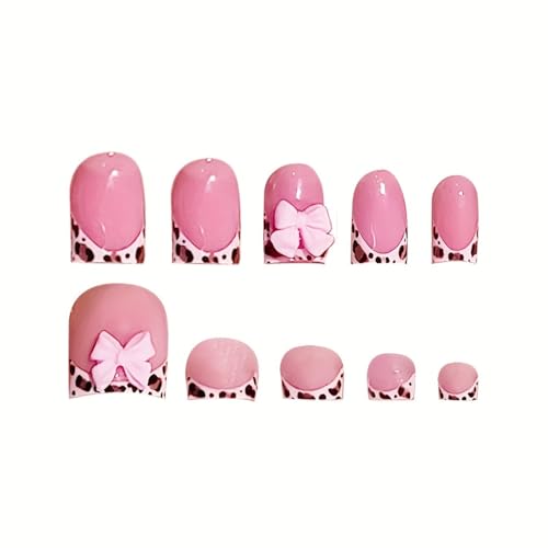 Image of 48 Pcs Leopard print Press on Nails & Press on Toenails Set French Tip Fake Nails Bow Glue on Toe Nails Glossy Full Cover Artificial Acrylic Short Square Stick on Nails for Women Manicure