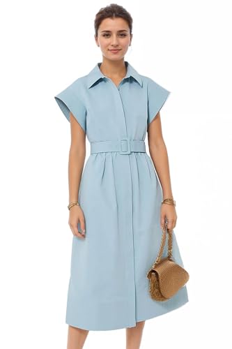 Womens Turn Down Collar Shirt Dress Short Wing Sleeve Button Down Dress Trench Coat Formal Elegant Dress With Belt