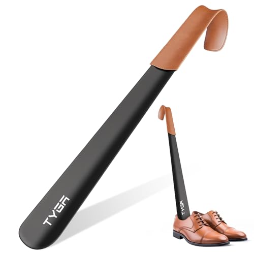 TYGA STORE Calzador de metal con mango largo de 42 cm, cuernos con correa de mango de cuero, para hombres, mujeres y niños, Black, Large