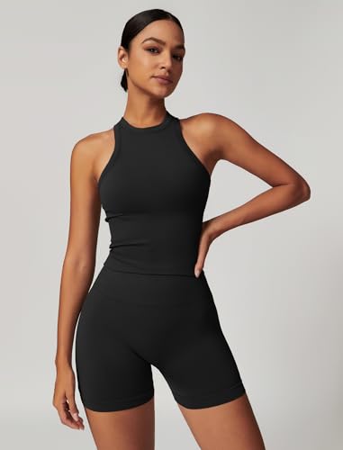 Image of Workout Sets for Women 2 Piece Seamless Ribbed Tank Top Sport Bra High Waist Biker Shorts GYM Yoga Exercise Outfits