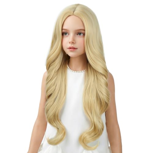 Image of Girls Light Blonde Wig Kids Long Mixed Blonde Wavy Curly Wig Girls Middle Part Wigs Heat Resistant Synthetic Wigs with Cap