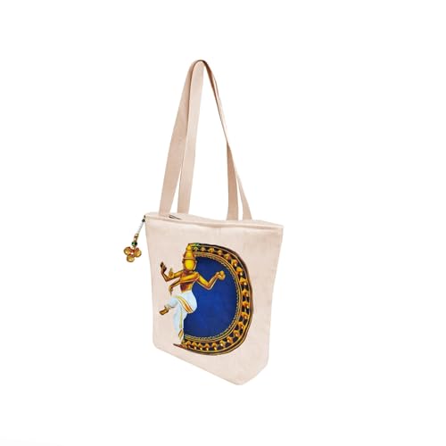 Image of Hand-Printed Tote Bag with Classical Design-Reusable, Zipper Closure For Women & Girls