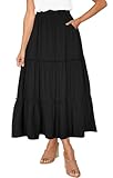 Afibi Womens High Waist A Line Ruffle Swing Long Maxi Skirt with Pockets (Large, Black)