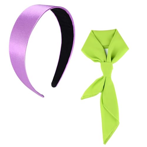 Matiniy Purple Headband and Green Scarf Chiffon Square Ribbon Neck Scarf and Lavender Headband for Women Girls Halloween Dress Up (Style2)