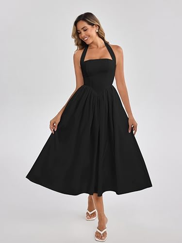 Image of Parthea Women's Floral Halter Corset Midi Dress 2026 Elegant Smocked Flowy Wedding Guest Dresses with Pockets