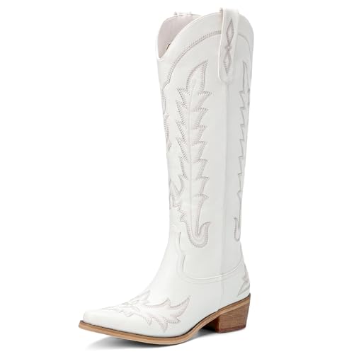 Rivalran White Cowboy Boots for Women - Wide Calf Knee High Pointed Toe Chunky Heel Pull On Zipper Western Cowgirl Boots, Retro Country Vintage Fashion Tall Boots US Size 8