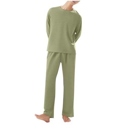 Mens Knit Pajama Sets Spring Comfy Waffle Sleepwear Nightwear Soft Long Sleeve Crewneck Casual Sleep Set with Pant Green