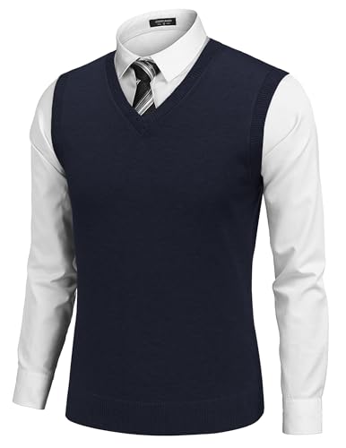 COOFANDY Men's Sleeveless Sweater Vest Lightweight V-Neck Solid Cotton Vest Pullover Navy Blue