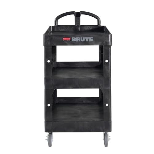 Image of Rubbermaid Commercial Brute 3-Shelf Heavy-Duty Utility /Service Cart, Medium, High Storage, Lipped Shelves, Ergonomic Handle, 600 lb. Capacity, Ideal for Warehouse /Garage /Cleaning /Maintenance /Office