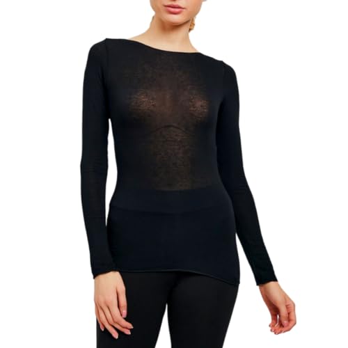 Maglia donna in sottile e morbido tessuto di modal e cashmere, manica lunga, calda ed allo stesso tempo leggera, leggermente elasticizzata per un'ottima aderenza al corpo, cuciture sottili sui bordi, può essere indossata sia come intimo che esternabile sottogiacca.