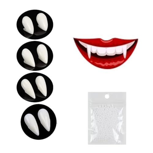 LiJuanWang Dentes de vampiro, 4 pares dentes falsos de vampiro dentadura falsa fantasia presos, para festa de Halloween (13/15/17/19 mm)